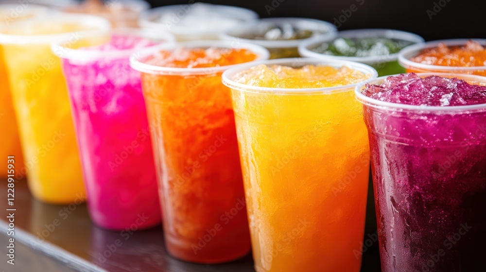 Fototapeta premium Colorful iced drinks in plastic cups.