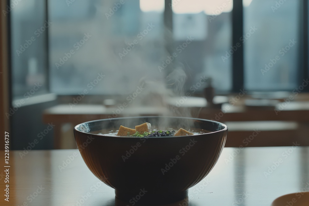 Bowl of miso soup with tofu, seaweed, and green onions, steaming on a modern table Bowl of miso soup with tofu, seaweed, and green onions, steaming on a modern table