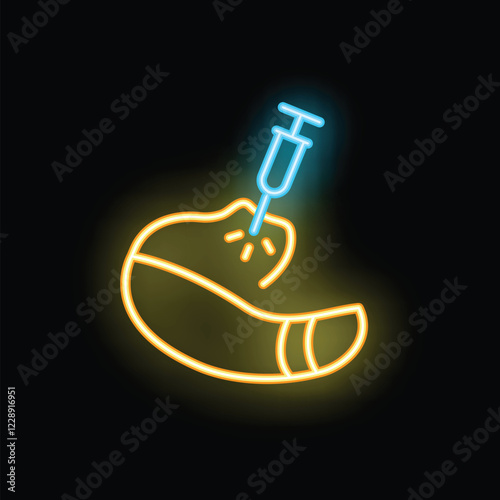 Neon glowing icon of an insulin syringe injecting into a pancreas, symbolizing diabetes treatment