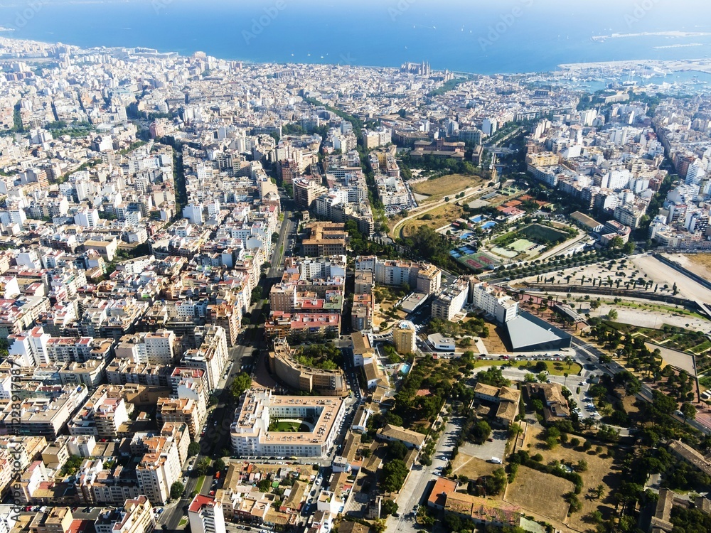 View of the old town and the bay of Palma de Majorca, aerial view, Majorca, Balearic Islands, Spain, Europe