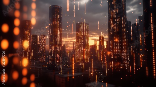 Beautiful sunset over modern city skyline.