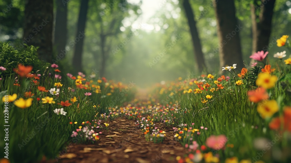 Fototapeta premium Serene forest pathway adorned with vibrant wildflowers, surrounded by lush greenery and mist