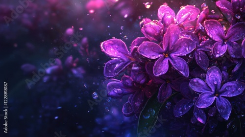 Purple lilac flowers in rain, garden background, spring nature
