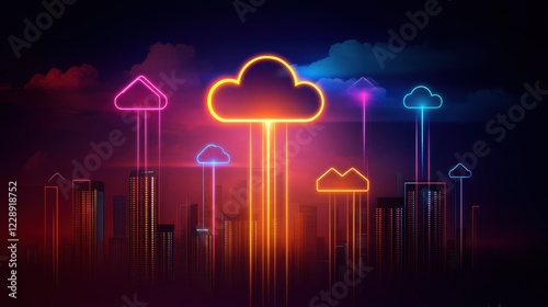Colorful neon cloud symbols with city skyline.