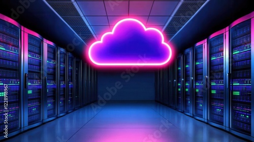 Futuristic data center with illuminated cloud symbol.
