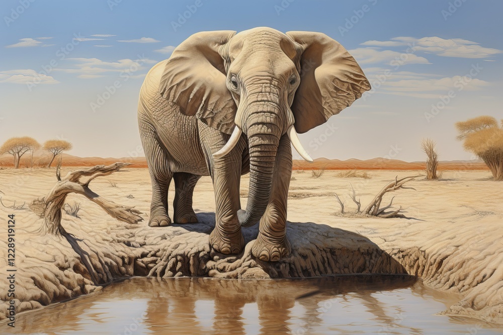 Fototapeta premium Desert elephant reflecting in a water pond, Africa, AI generated