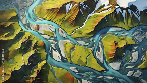 Aerial view perpendicular top down of an abstract colorful river along the coastline, AI generated
