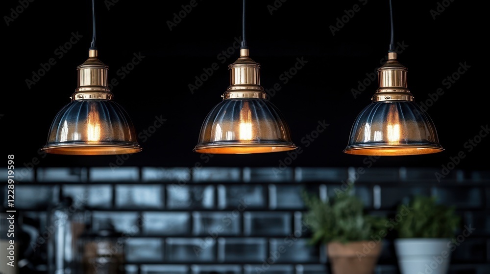 Obraz premium Dark kitchen, three pendant lights, brick wall, plants