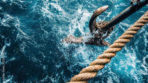 Ship anchor splashing into deep blue ocean water.