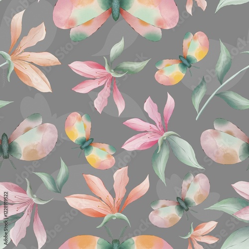 Fototapeta Naklejka Na Ścianę i Meble -  Magnolia flowers and moths on grey background watercolor painting, seamless repeat pattern