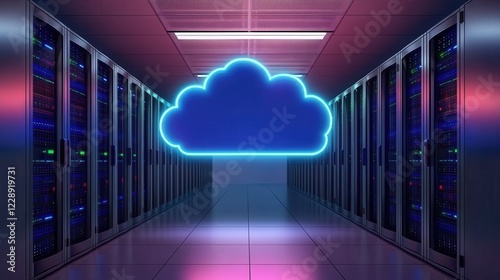 Data center with illuminated cloud symbol