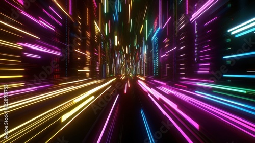 Vibrant neon light streaks in motion.