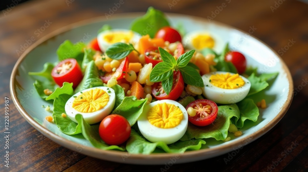 A vibrant and healthy salad featuring halved hard-boiled eggs, cherry tomatoes, fresh lettuce, and a medley of legumes and vegetables, all artfully arranged on a pale green plate. A vibrant and healthy salad featuring halved hard-boiled eggs, cherry tomatoes, fresh lettuce, and a medley of legumes and vegetables, all artfully arranged on a pale green plate.