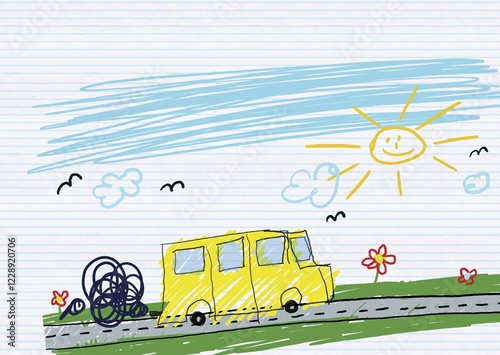 Illustration of a school bus drawn in child style