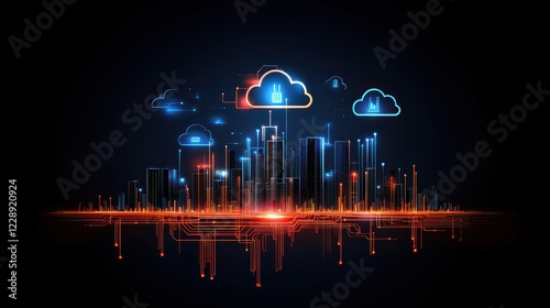 Abstract digital city with cloud computing theme.