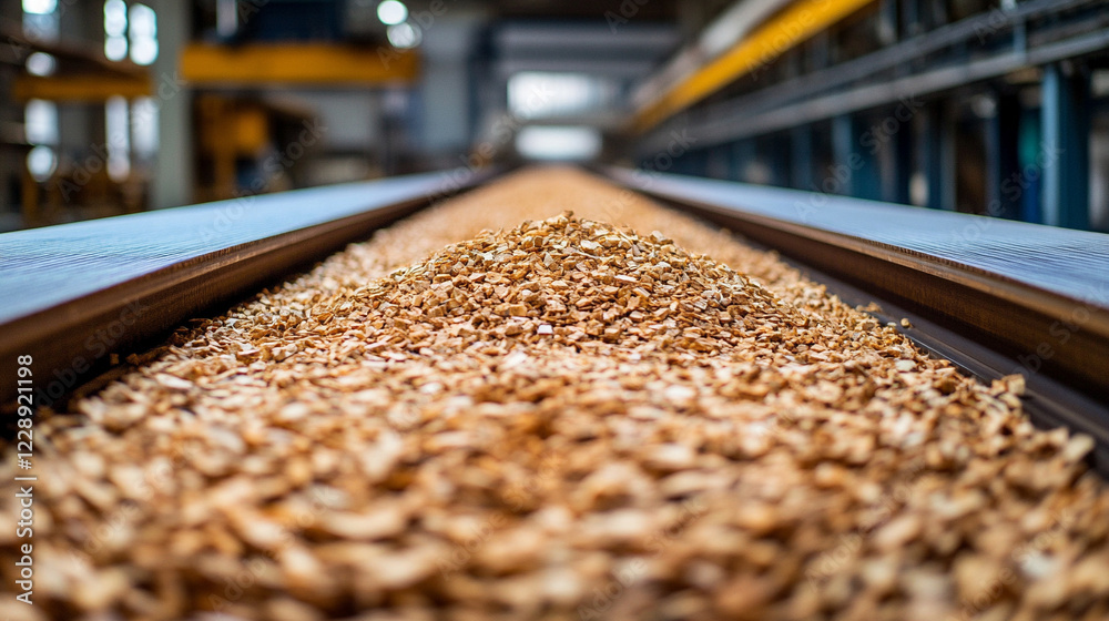 Wood chips moving on a conveyor belt in a factory symbolizing sustainable heating materials with a modern, minimalistic aesthetic and bright tone, blurred background and empty caption space Wood chips moving on a conveyor belt in a factory symbolizing sustainable heating materials with a modern, minimalistic aesthetic and bright tone, blurred background and empty caption space
