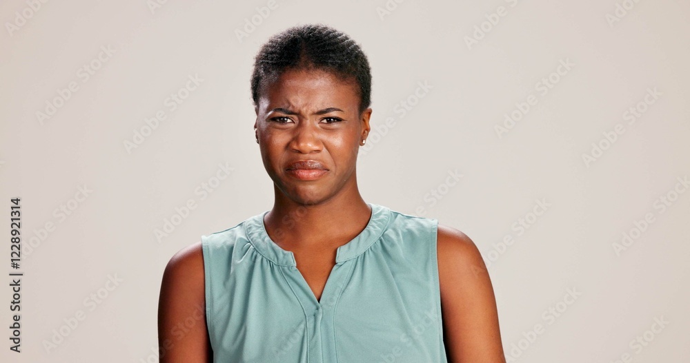 Fototapeta premium Black woman, portrait and expression in studio for gross, disapproval and reaction to smell. Girl, frustrated and disgust on white background space for bad odor, nausea cringe and overwhelming scent