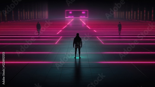 Mysterious figures in a neon-lit environment.