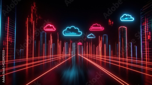 Futuristic neon cityscape with digital clouds.