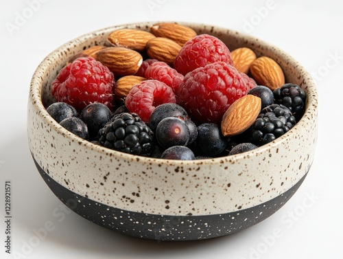 Close-up of fresh berries and nuts in a small ceramic dish, symbolizing a healthy lifestyle photo