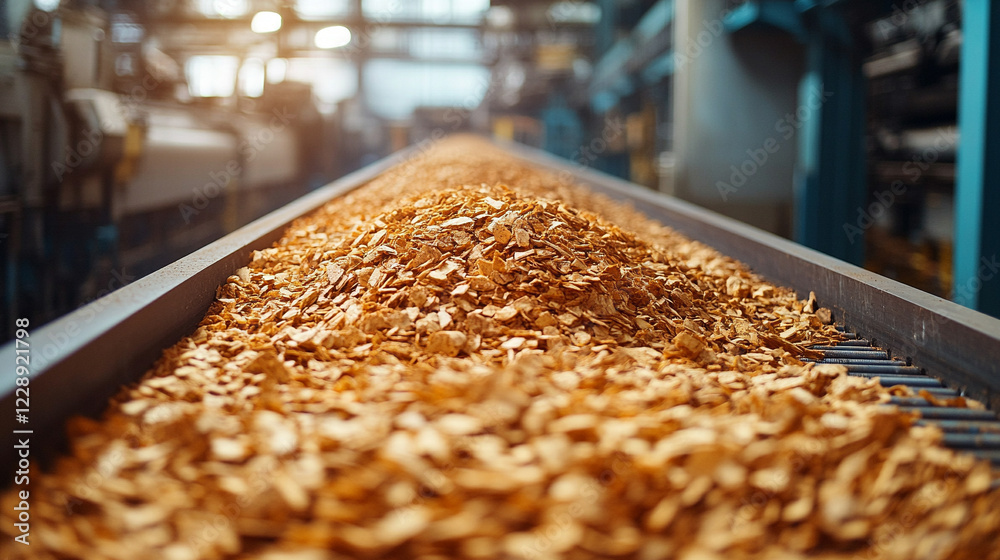 Wood chips moving on a conveyor belt in a factory symbolizing sustainable heating materials with a modern, minimalistic aesthetic and bright tone, blurred background and empty caption space Wood chips moving on a conveyor belt in a factory symbolizing sustainable heating materials with a modern, minimalistic aesthetic and bright tone, blurred background and empty caption space