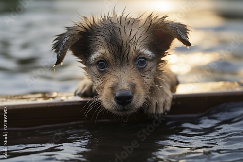 Young dog puppy on wooden board inw ater flood. KI generiert, generiert, AI generated photo