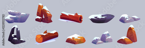 Snow covered game assets - cartoon rocks, logs and boulders. Winter landscape elements - wooden trunks, stone arches, peaks with white snowy textures. Seasonal environment props for digital games.
