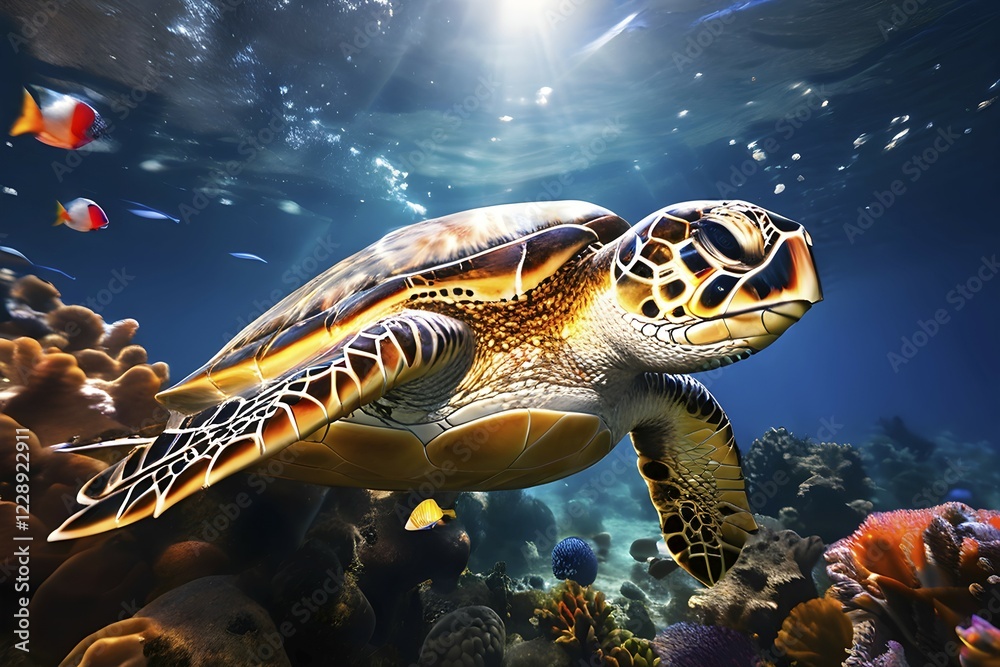 Fototapeta premium Sea turtle swimming in vibrant reef, AI generated, deep sea, fish, squid, bioluminescent, glowing, light, water, ocean