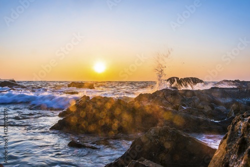 Slika na platnu Rocky coast, sea, surf, sunset, Chaung Thar Beach, Bay of Bengal, Ayeyarwady, My