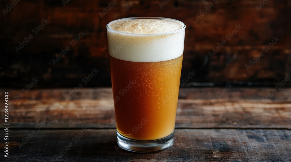 Cold beer with frothy foam served in a pint glass, photographed against a dark wooden background Cold beer with frothy foam served in a pint glass, photographed against a dark wooden background