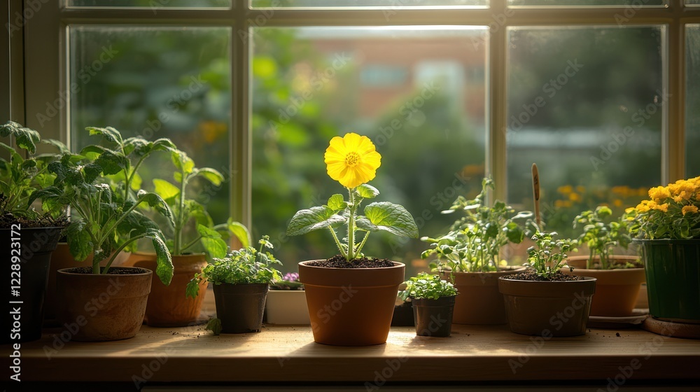 Fototapeta premium Yellow flower in pot on window sill with other plants.