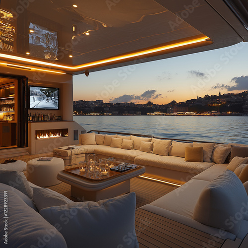 A yacht with a large sofa and table on the deck, overlooking the city lights at night, features soft lighting and plush cushions for comfort. The setting sun casts long shadows acr photo