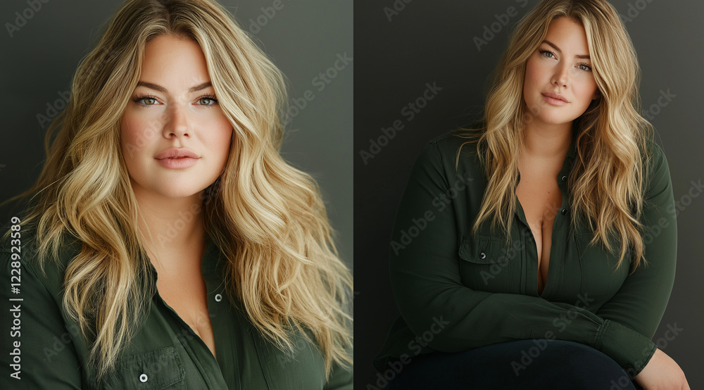 Portrait of a beautiful, plus-size, blonde woman wearing a dark green shirt. The photograph was taken in a studio setting with professional lighting, showing the model sitting and Portrait of a beautiful, plus-size, blonde woman wearing a dark green shirt. The photograph was taken in a studio setting with professional lighting, showing the model sitting and