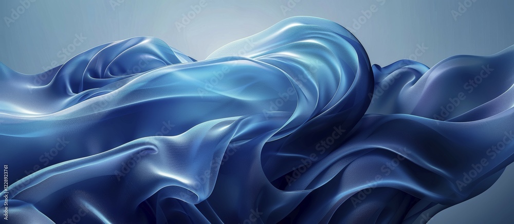 Fototapeta premium Abstract fluid-like blue fabric creating smooth, wavy shapes with light reflections, AI generated