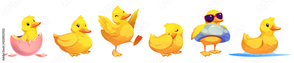 Yellow duckling characters - newborn in pink eggshell, dancing baby bird, swimming duck on water, sleeping and sitting, cool in sunglasses and inflatable ring. Cute cartoon childish mascot set. Yellow duckling characters - newborn in pink eggshell, dancing baby bird, swimming duck on water, sleeping and sitting, cool in sunglasses and inflatable ring. Cute cartoon childish mascot set.