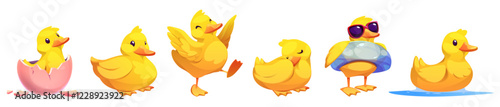 Yellow duckling characters - newborn in pink eggshell, dancing baby bird, swimming duck on water, sleeping and sitting, cool in sunglasses and inflatable ring. Cute cartoon childish mascot set.