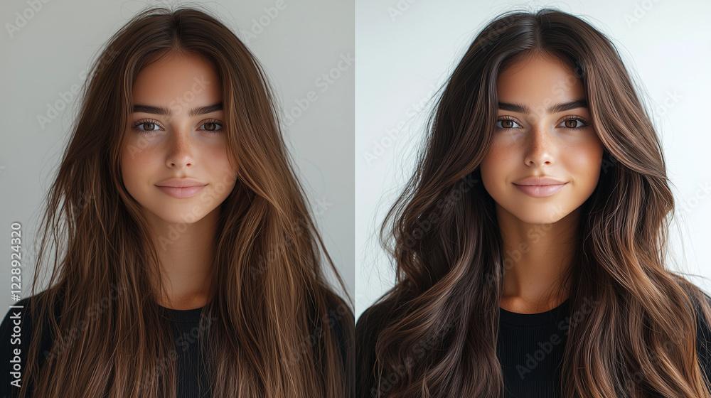 a side-by-side comparison of the same woman, left image with thin, lifeless hair, right image with voluminous, full-of-life hair, hair color identical in both images, clear isolate