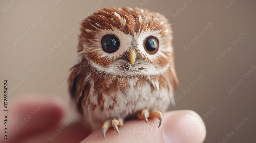 Obraz premium A miniature owl, no larger than a thumb, resting on a person's fingertip