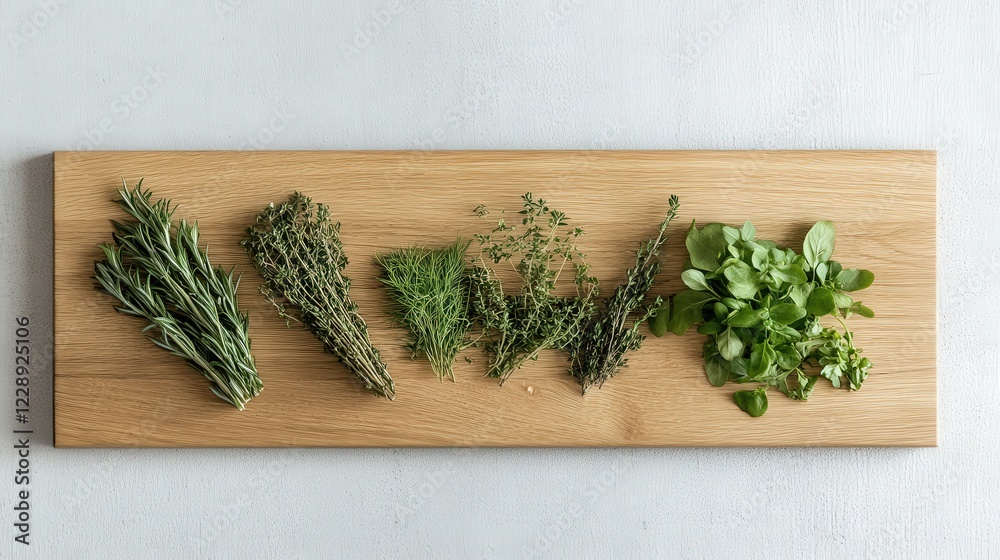 Flat lay of fresh herbs like rosemary, thyme, and dill, neatly arranged on a wooden board Flat lay of fresh herbs like rosemary, thyme, and dill, neatly arranged on a wooden board