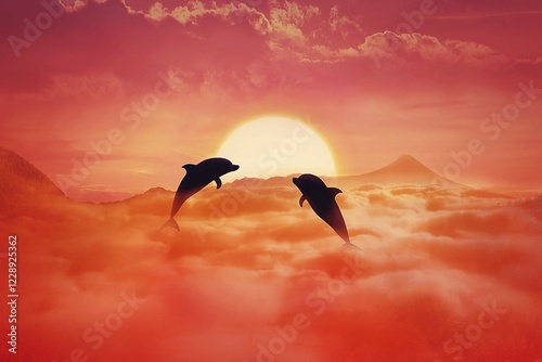 Silhouette of two playful dolphins jumping above the clouds against sunset background. Surreal wild life landscape scene screen saver