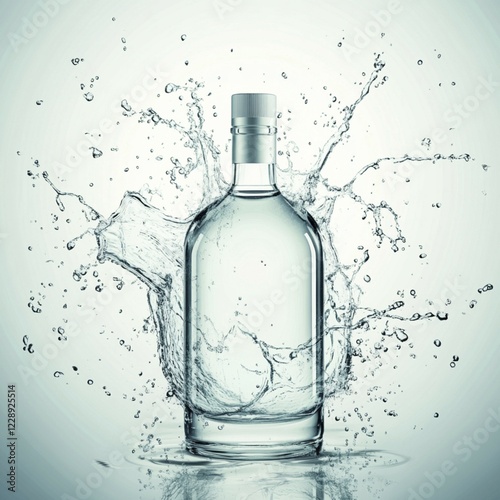 Simple glass bottle with clear water splashing in a calm, minimalist setting, AI generated photo