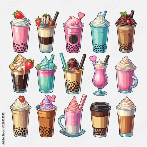 various cold beverages collection including iced coffee, smoothies, and milkshakes
