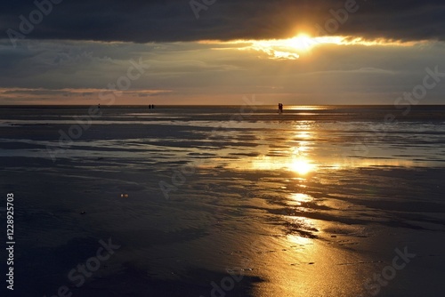 Sunset over the mud flats, beach of Norddorf, Amrum, North Frisian Island, North Frisia, Schleswig-Holstein, Germany, Europe