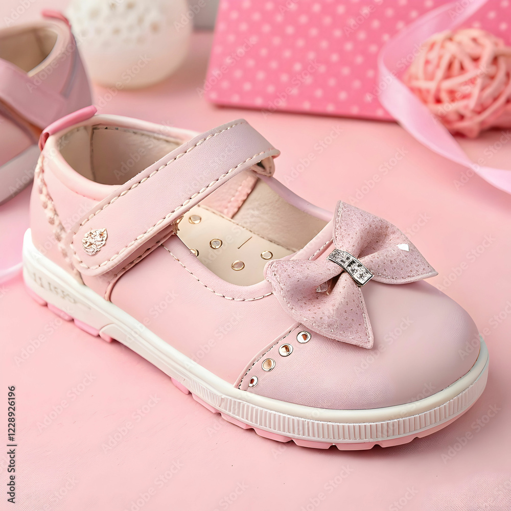 Adorable Steps: Children's Shoe Displayed on a Soft Pink Background Adorable Steps: Children's Shoe Displayed on a Soft Pink Background