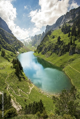 View of Lake Fählensee from Bollenwees Alp, Rüte, Canton of Appenzell Innerrhoden, Switzerland, Europe photo