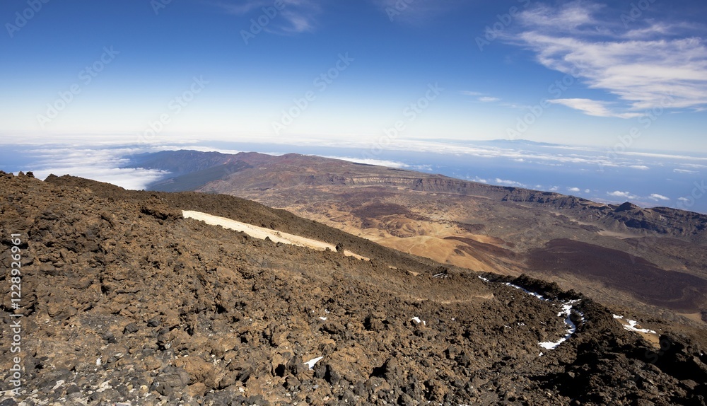 View from Pico del Teide on the caldera, the Macizo de Anaga mountains, behind Gran Canaria, Tenerife, Canary Islands, Spain, Europe View from Pico del Teide on the caldera, the Macizo de Anaga mountains, behind Gran Canaria, Tenerife, Canary Islands, Spain, Europe