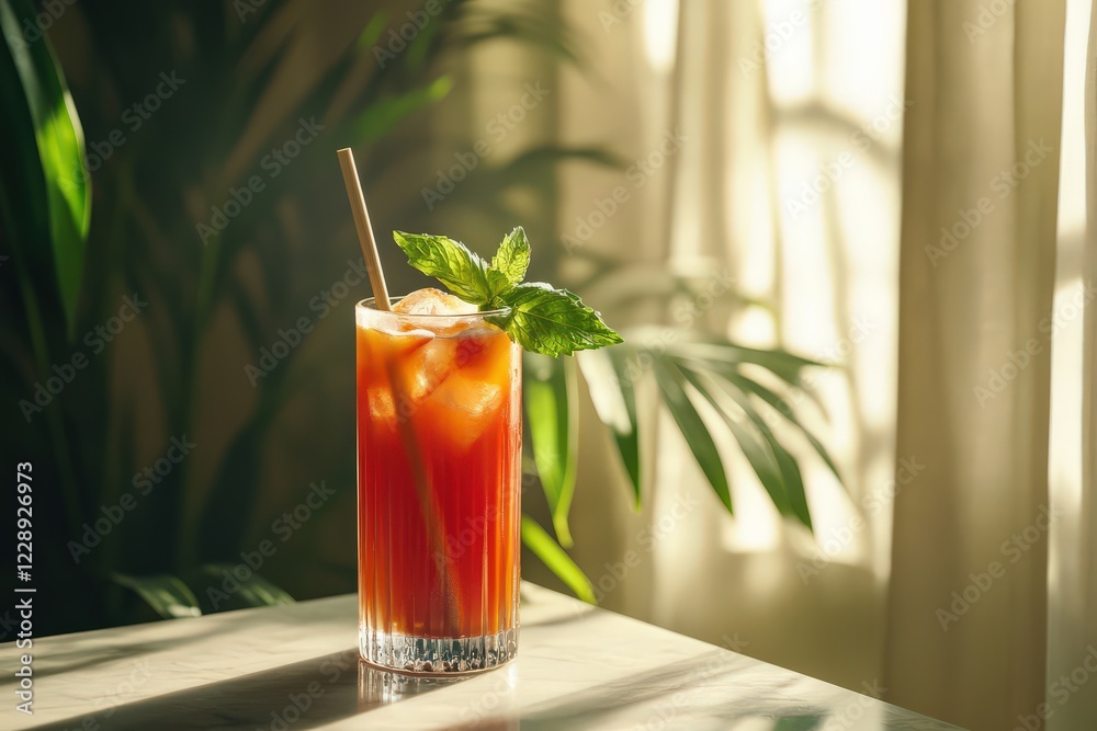 Fresh fruit juice in a tall glass with a bamboo straw, captured with natural sunlight streaming in Fresh fruit juice in a tall glass with a bamboo straw, captured with natural sunlight streaming in