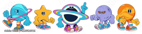 Groovy universe cartoon mascots set in sneakers - bright celestial bodies with cheerful expressions, dynamic poses and trendy style. Space themed characters for kids media or education design.