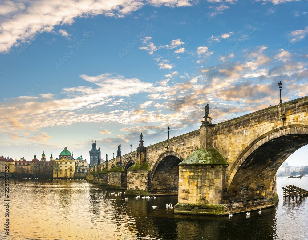Fototapeta premium Moldova, Charles Bridge, Old Town Bridge Tower, sunrise, historic centre, Prague, Bohemia, Czech Republic, Europe