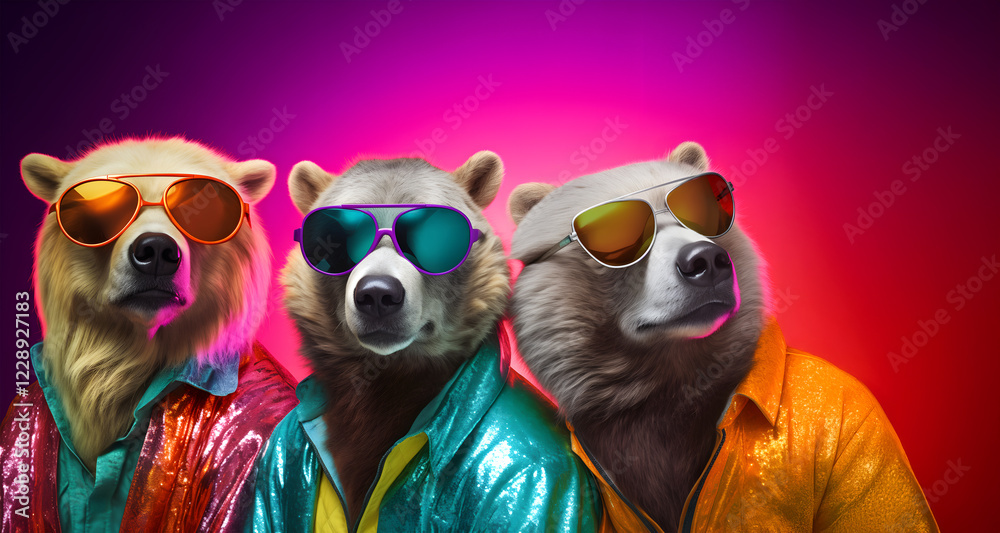 Fototapeta premium Creative animal concept. Group gang of bear in sparkly rock punk neon bright colour outfit, copy text space. commercial, editorial advertisement party invitation invite 